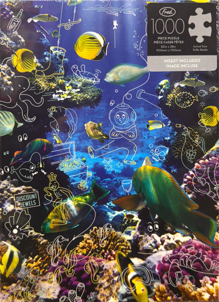A deep sea scene combining a realistic photograph of a coral reef with whimsical white line-art drawings.