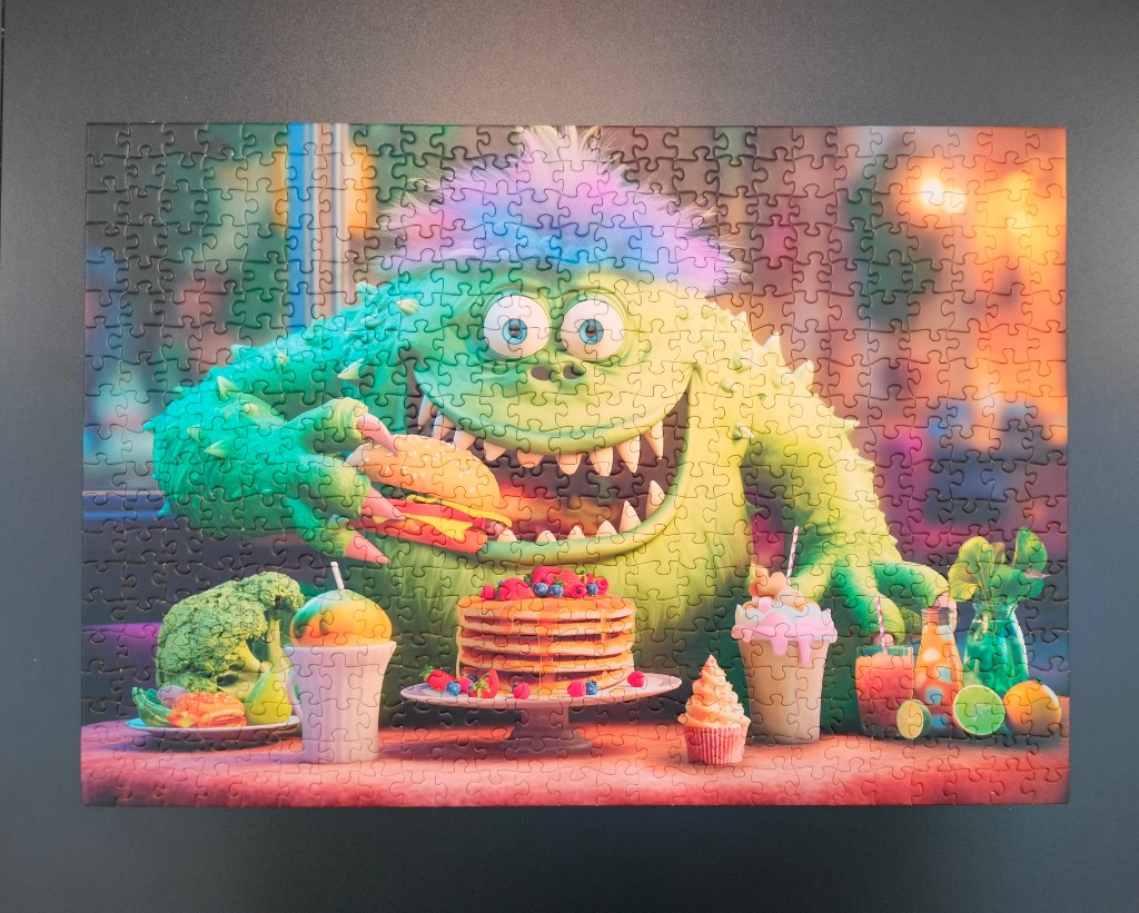 A green monster eating a burger behind a table laden with pancakes and drinks.