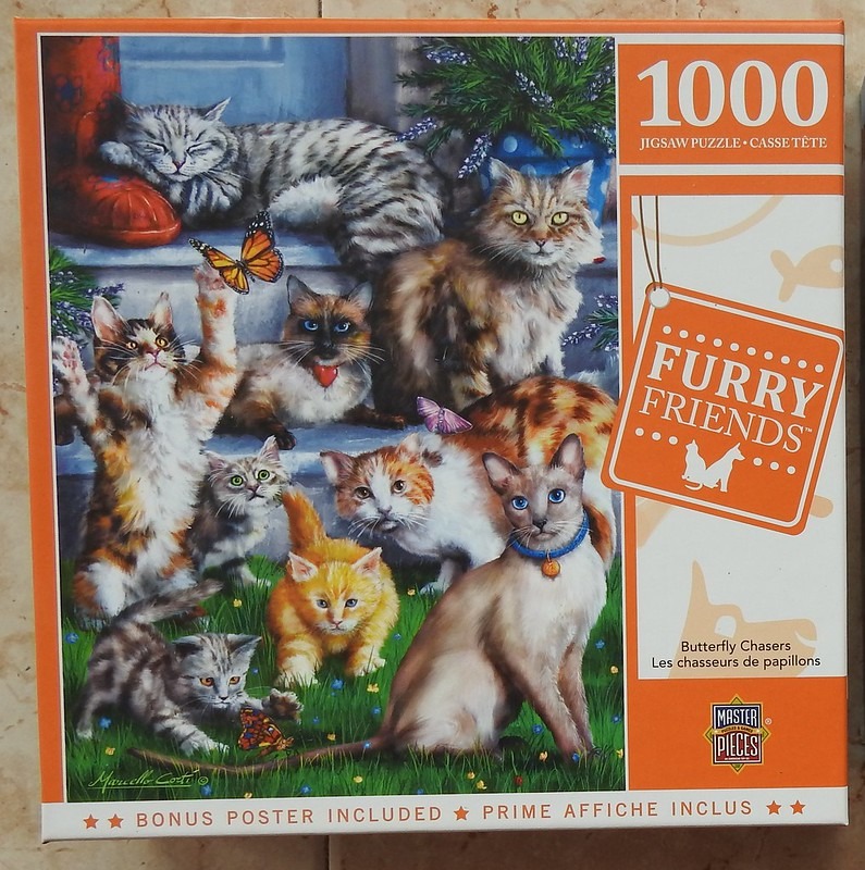 A group of various cats playing with butterflies in a garden setting.