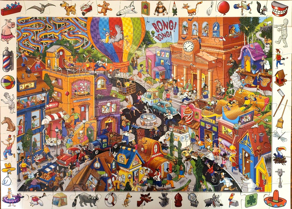 A chaotic, humorous cartoon scene of a busy town square filled with whimsical buildings and diverse characters.