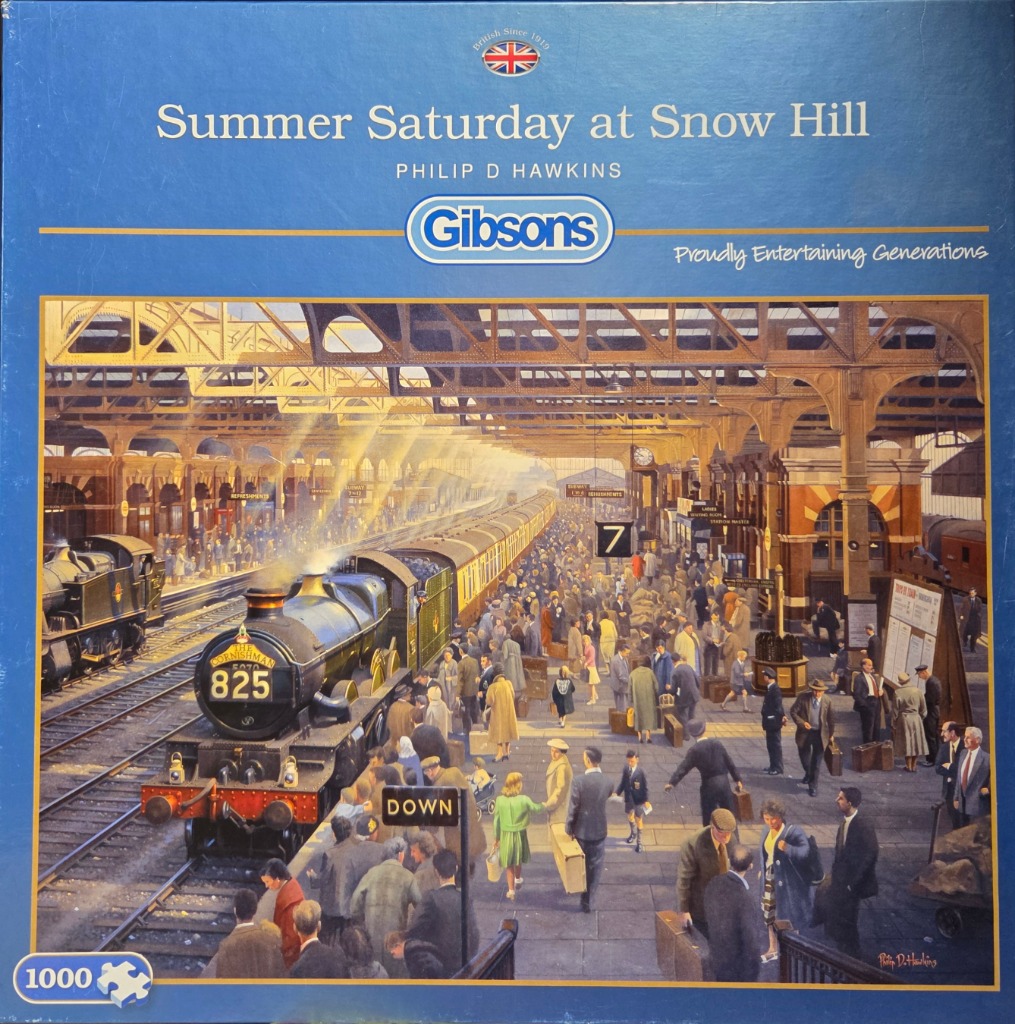A detailed painting of a bustling 1950s British railway station featuring steam locomotives and many passengers.