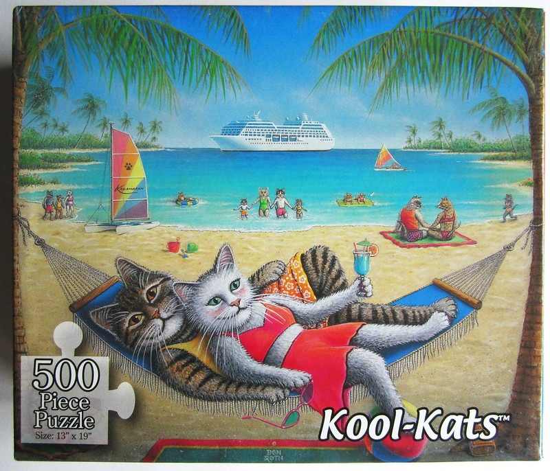 Cartoon cats relaxing in a hammock on a tropical beach with a cruise ship in the distance.