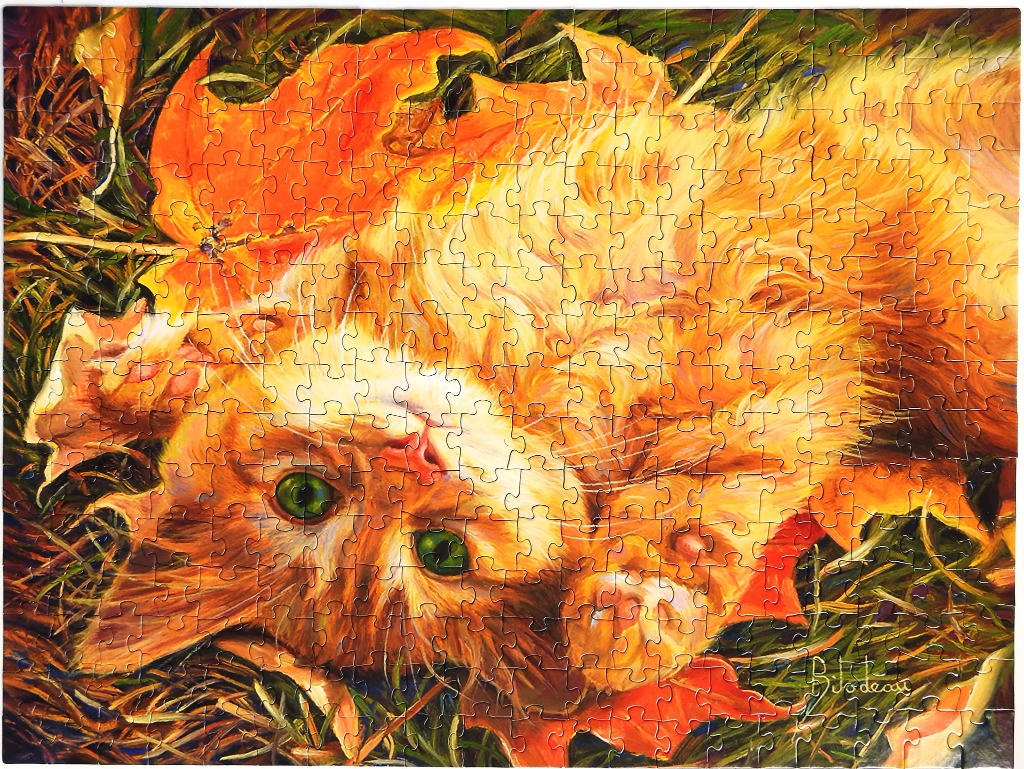 A vibrant oil painting of a fluffy ginger cat lying in green grass among bright orange autumn leaves.