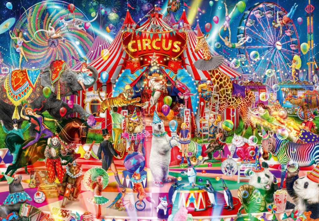 Vibrant night scene of a bustling circus with animals, performers, and carnival rides.