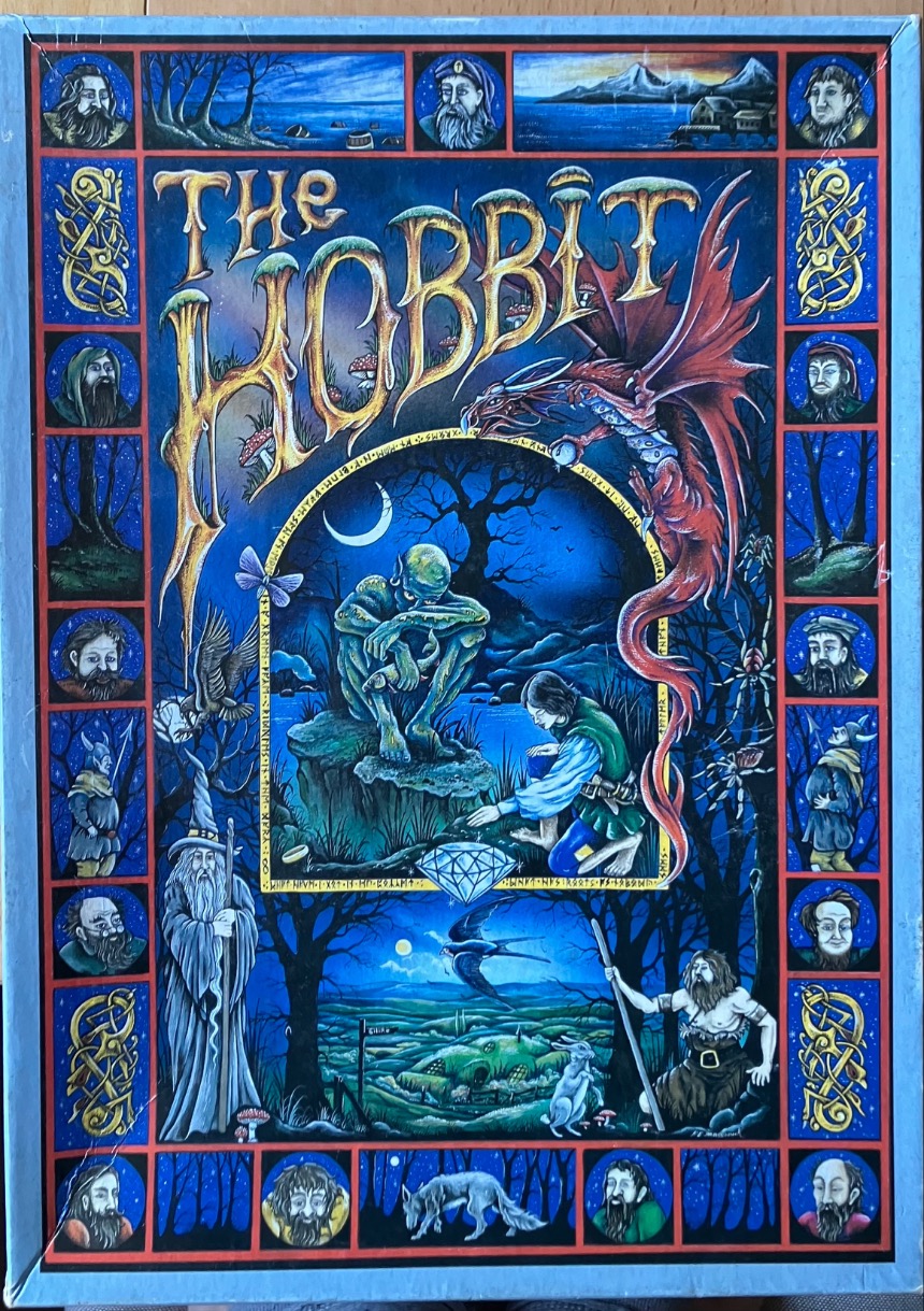 Fantasy illustration featuring a central scene of a goblin, a hobbit, and a dragon, framed by numerous character portraits.