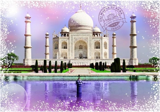 The Taj Mahal centered behind a reflecting pool under a dreamy, sparkling, violet-tinted sky.