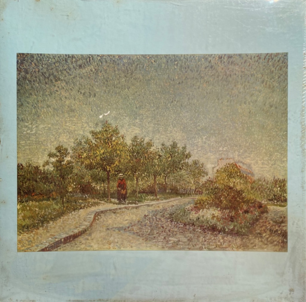 An impressionist painting of a person walking along a garden path lined with trees and flowers.