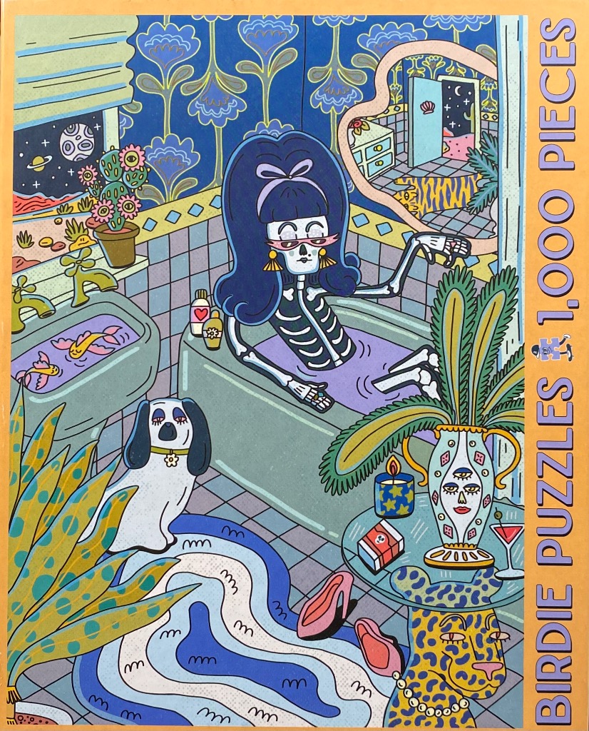 Illustration of a skeleton with blue hair relaxing in a bathtub in a whimsical bathroom.