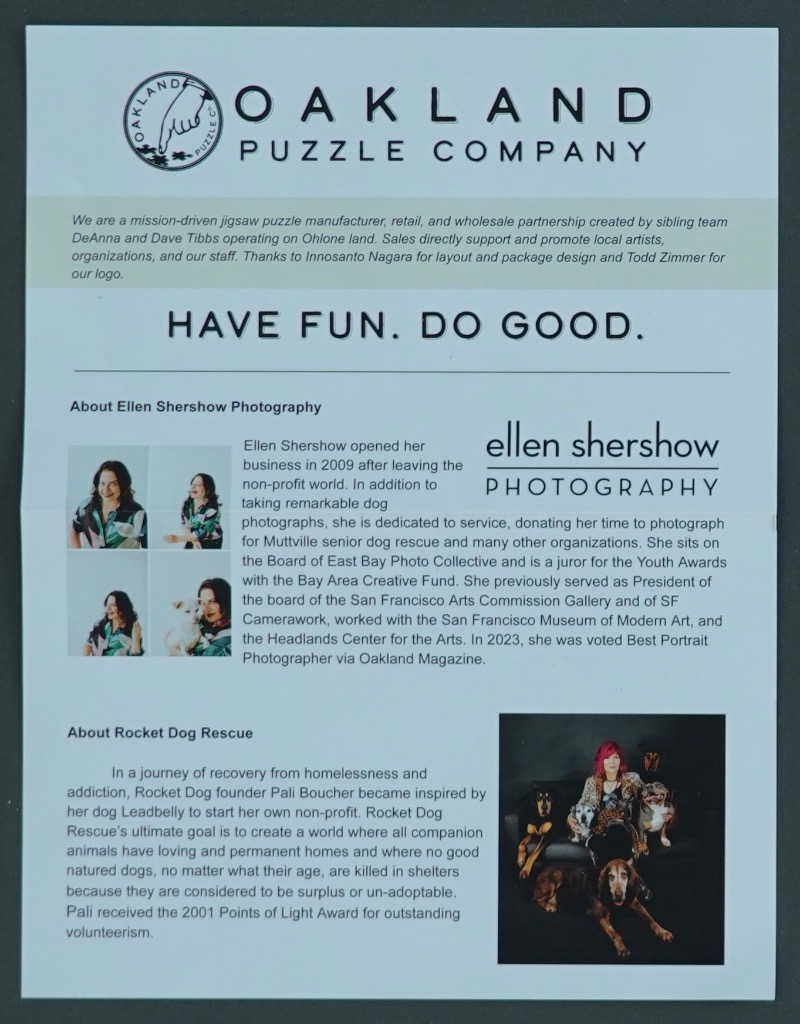A document titled Oakland Puzzle Company describing Ellen Shershow Photography and Rocket Dog Rescue.