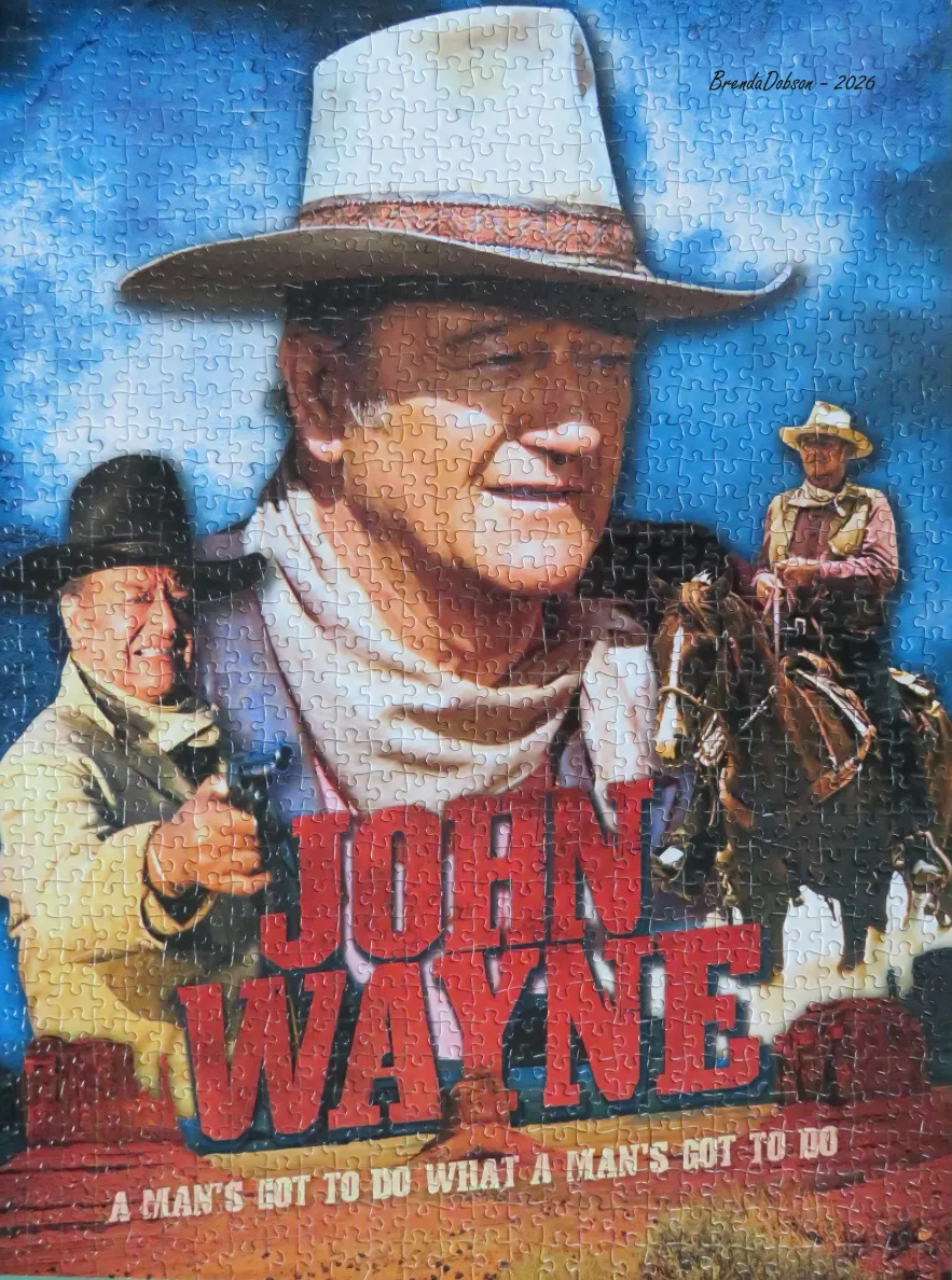 Collage portrait of actor John Wayne as a cowboy in a Western-themed illustration