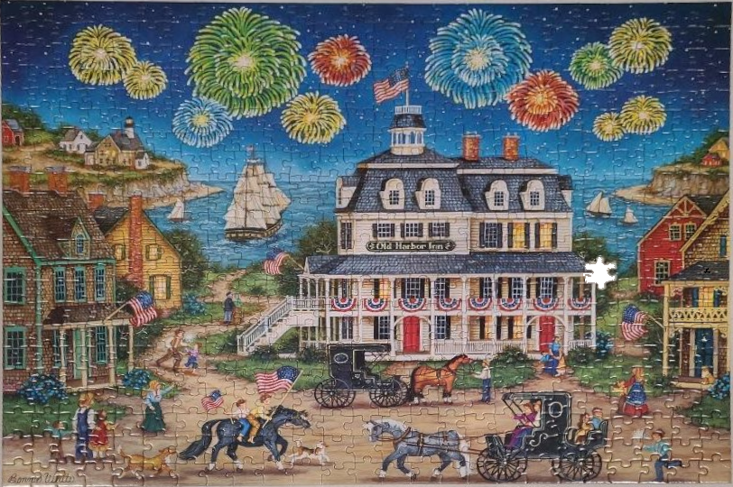 A nostalgic coastal town scene featuring a large inn, horse-drawn carriages, and fireworks in the night sky.
