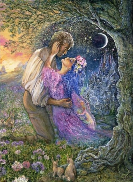 A romantic fantasy illustration of a couple embracing in a wildflower meadow under a starry night sky.