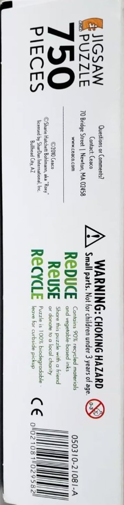 Jigsaw puzzle, 750 pieces, with "Reduce, Reuse, Recycle" text and choking hazard warning.