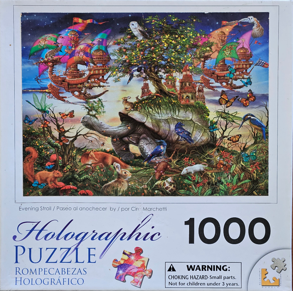 Whimsical illustration of a giant turtle carrying a miniature forest and castle on its back, surrounded by flying ships.
