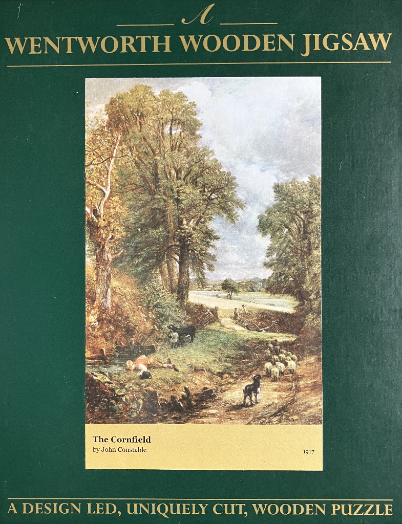 John Constable's The Cornfield, an 1826 oil painting showing a boy drinking from a stream near a shepherd and flock.