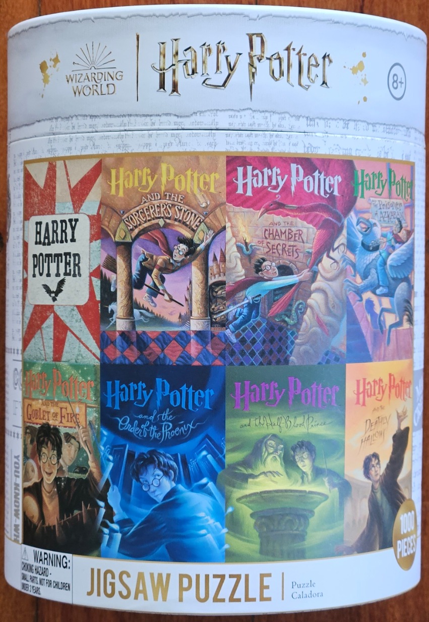 A montage of eight distinct illustrated covers featuring Harry Potter scenes and book titles.