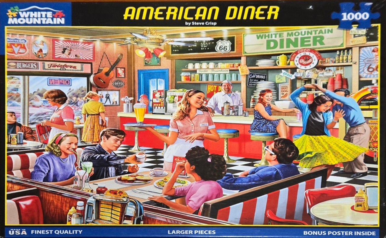 A detailed, nostalgic illustration of a busy 1950s-style American diner scene with people dining and dancing.