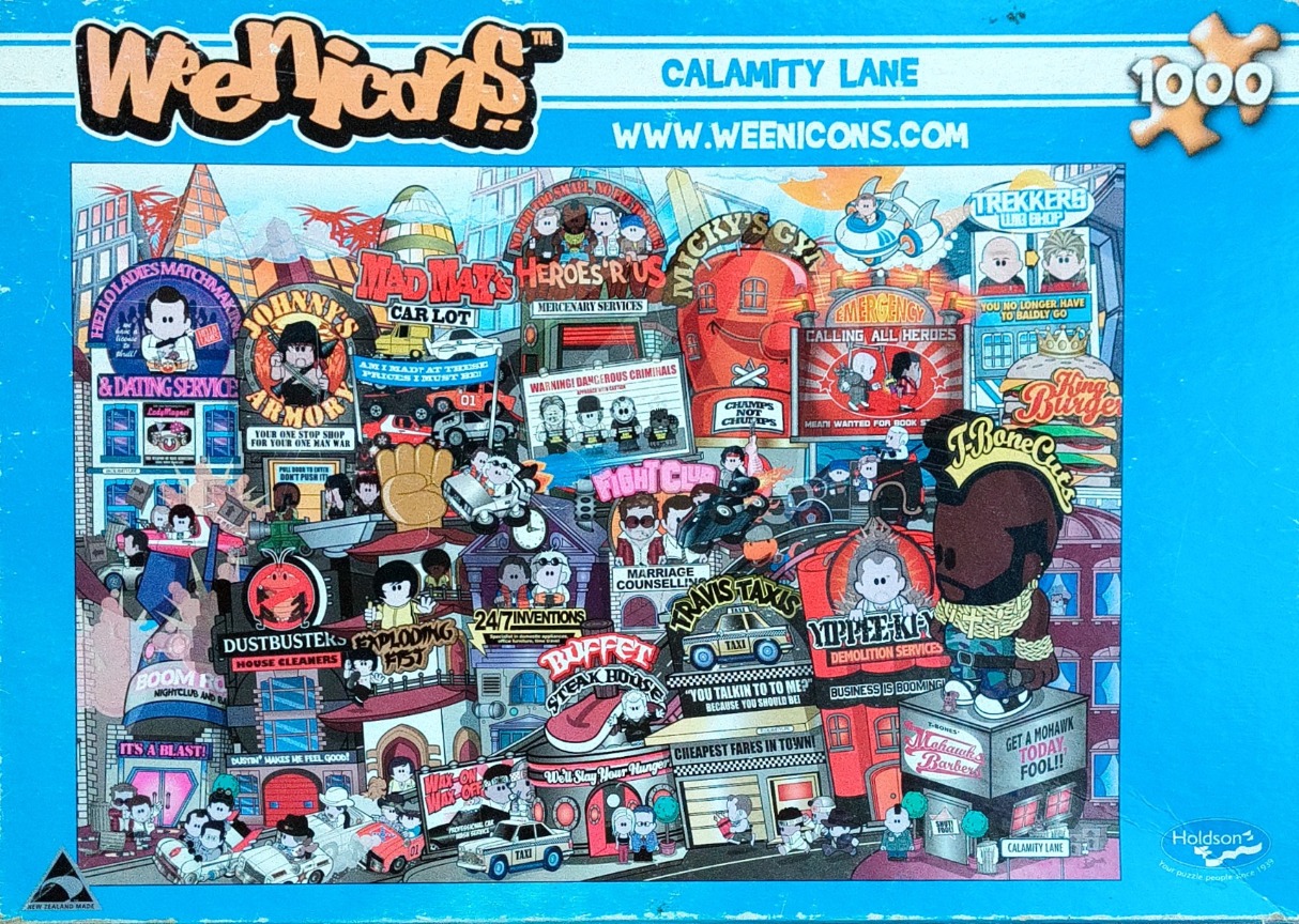 A crowded cartoon illustration of a busy city street filled with parody shops and characters.