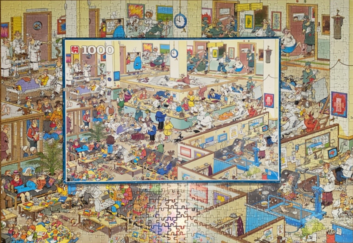 A busy cartoon illustration of a chaotic hospital scene with dozens of characters.