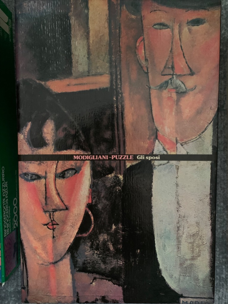 Oil painting portrait of a stylized bride and groom by Amedeo Modigliani.