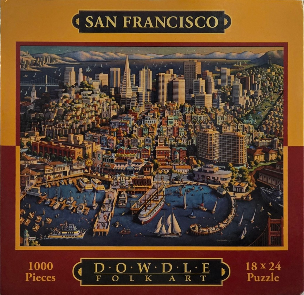 A whimsical folk art illustration of the San Francisco waterfront and city skyline.