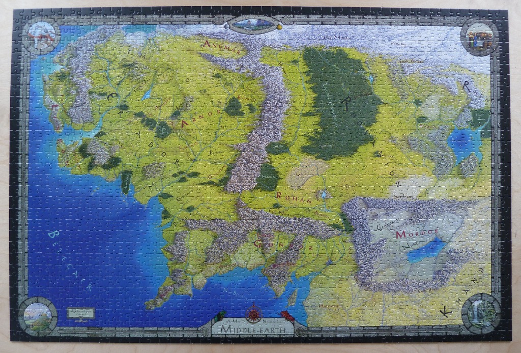 A detailed fantasy map of Middle-earth with terrain, forests, and regions labeled in an artistic style.