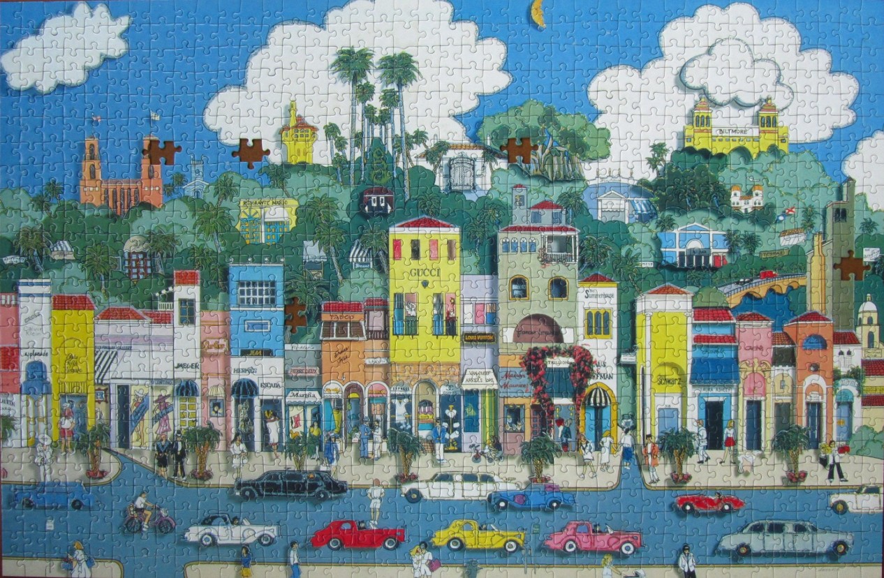 A vibrant, hand-drawn illustration of a bustling luxury shopping street at the base of a hilly, Mediterranean-style town.