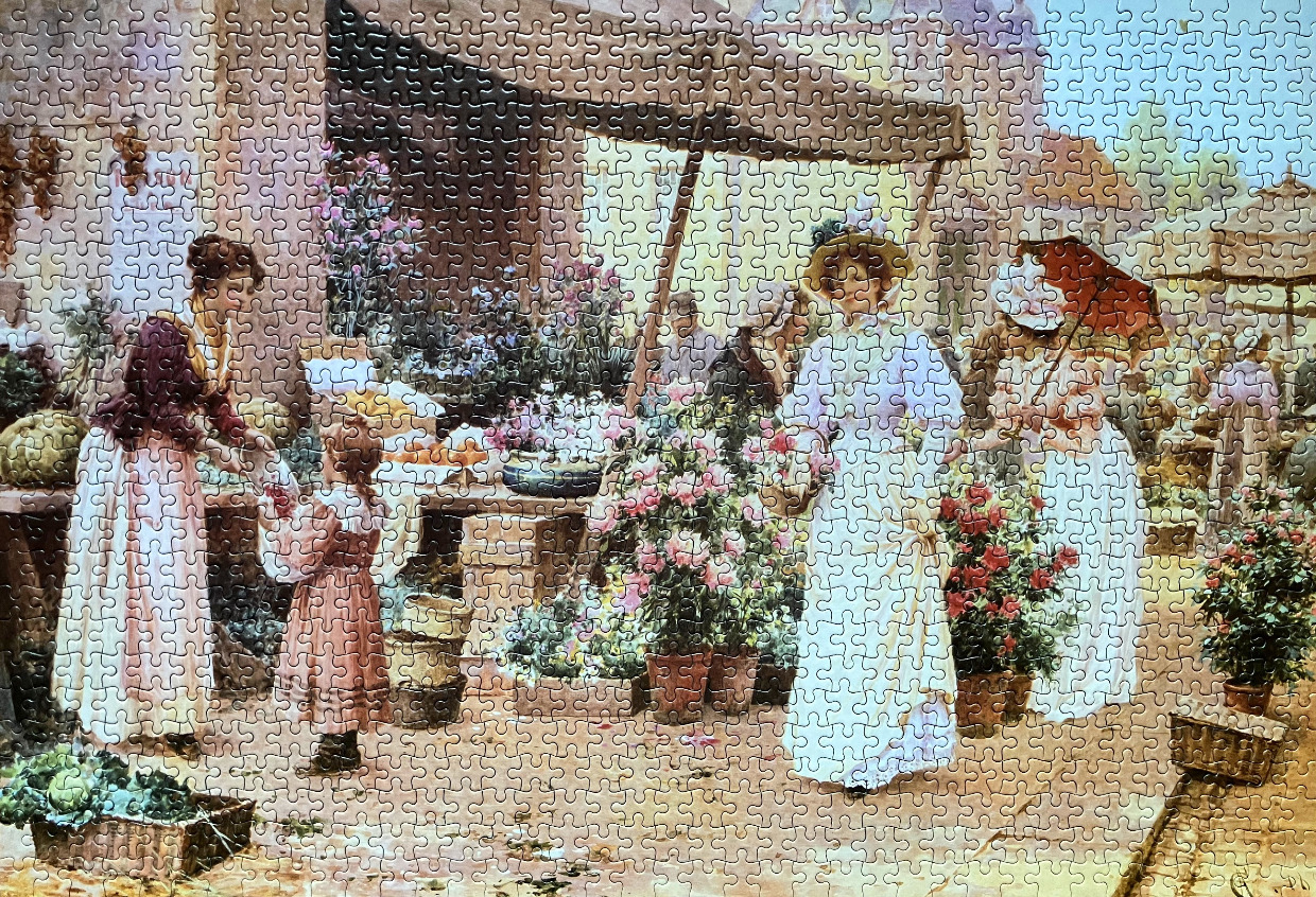 Victorian-era outdoor flower market scene with women and a child.