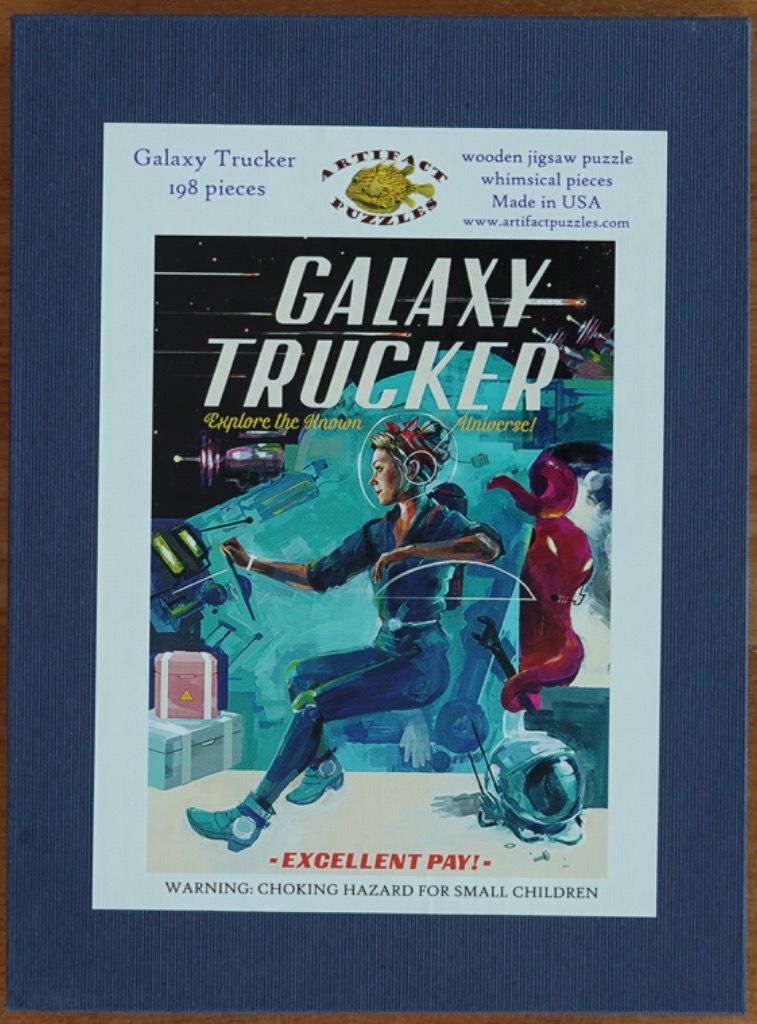 Illustration of a female space trucker sitting in a cockpit with a red alien creature, in the style of 1950s sci-fi art.