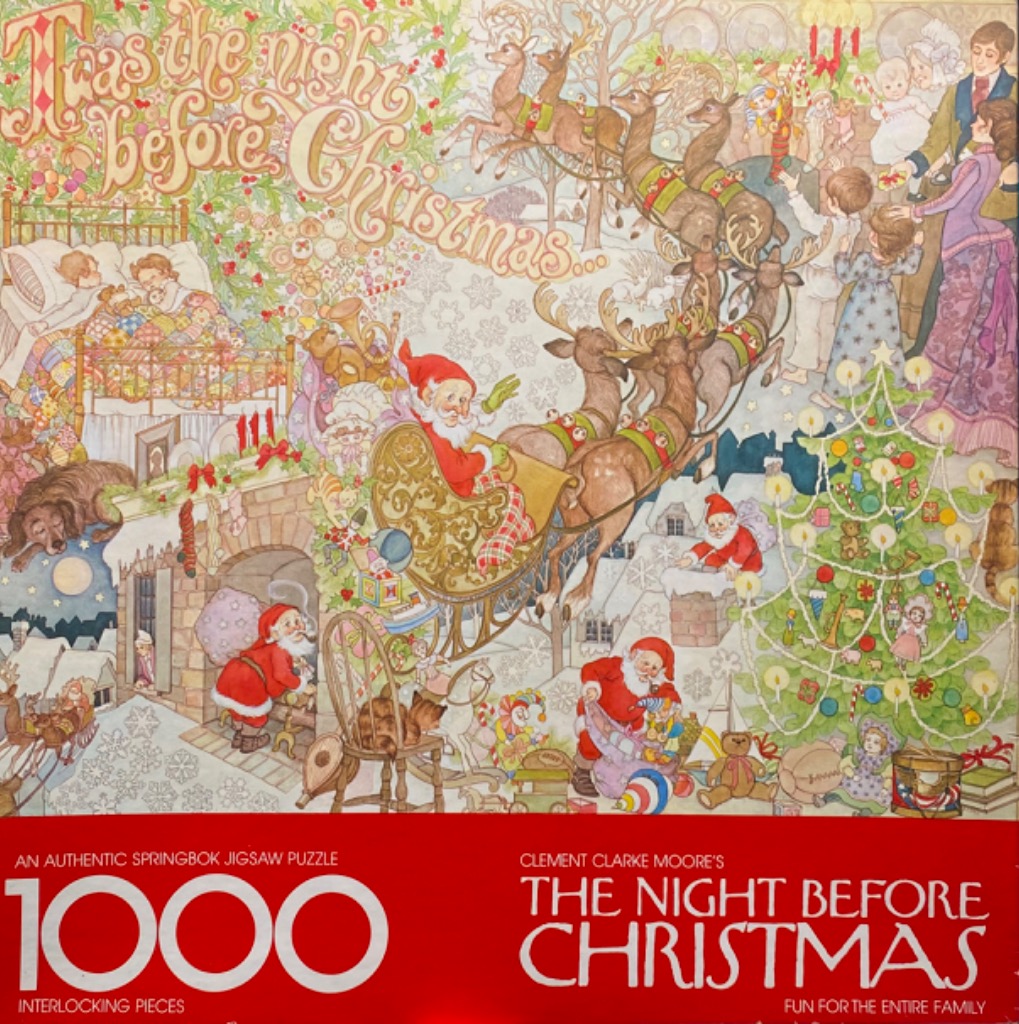 Illustration of Santa Claus in his sleigh flying over a Victorian-style home filled with Christmas imagery.