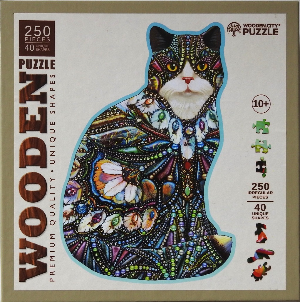 An illustration of a cat adorned with ornate, jewel-encrusted patterns and vibrant, multi-colored gemstone motifs.