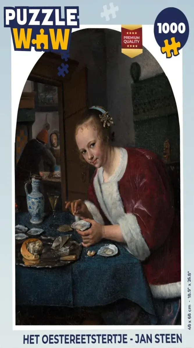 Jan Steen painting of a woman eating oysters at a table