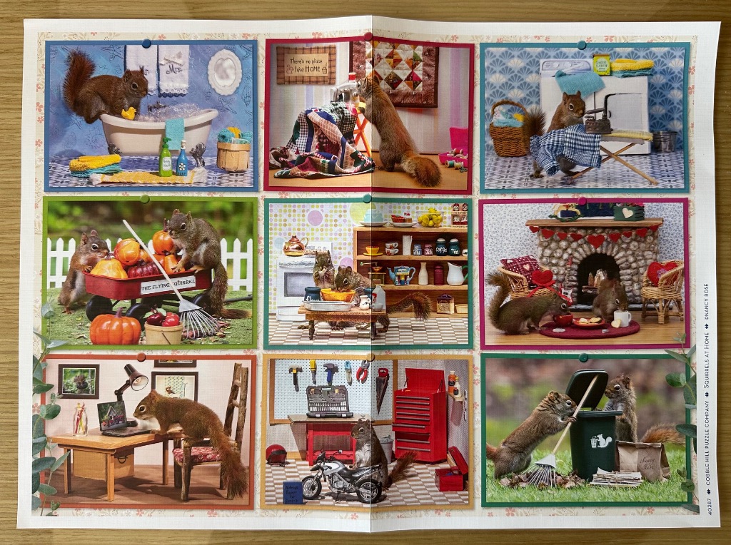 A collage of nine photographs showing anthropomorphic squirrels performing various household chores and activities.