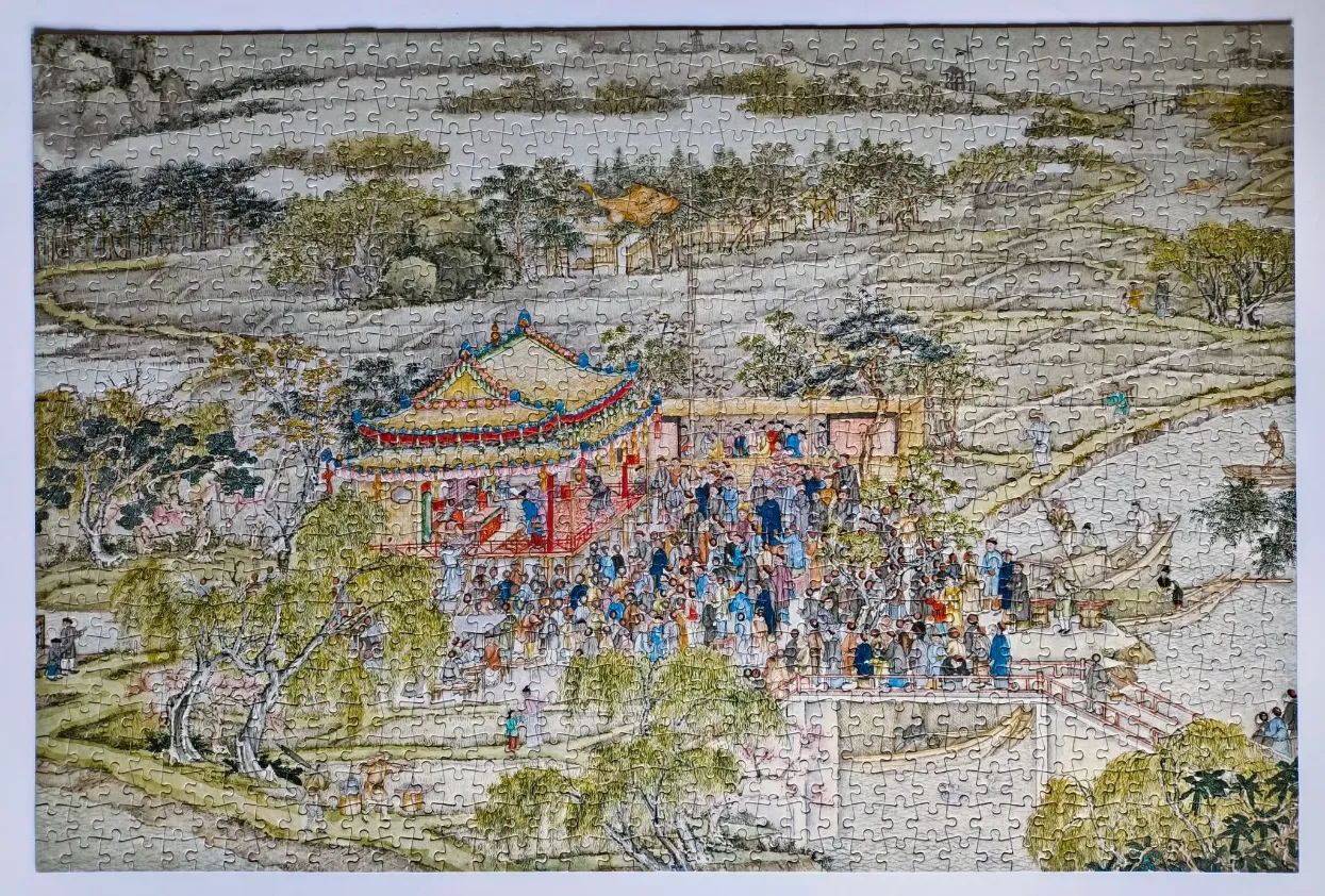 Traditional East Asian style ink and wash painting depicting a bustling temple courtyard gathering.