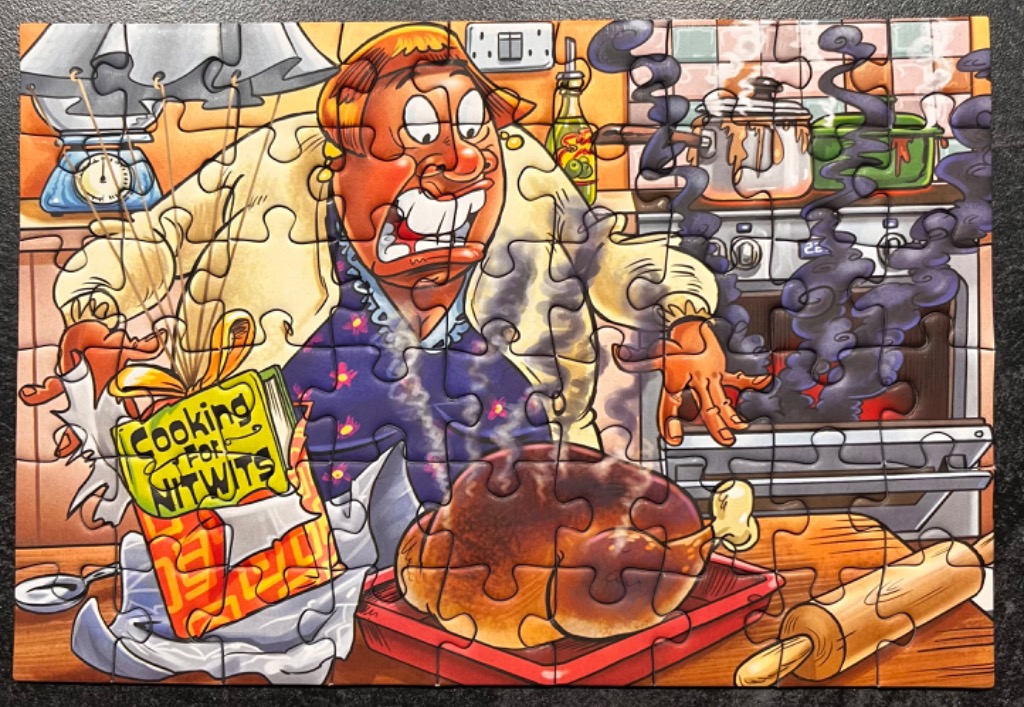 Cartoon of a panicked person burning a roast while cooking, with smoke billowing from the oven.