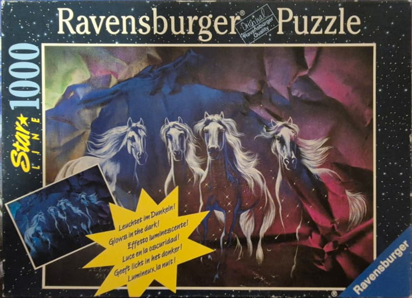 Illustration of four white horses galloping through a dark, ethereal cavern with glowing highlights.