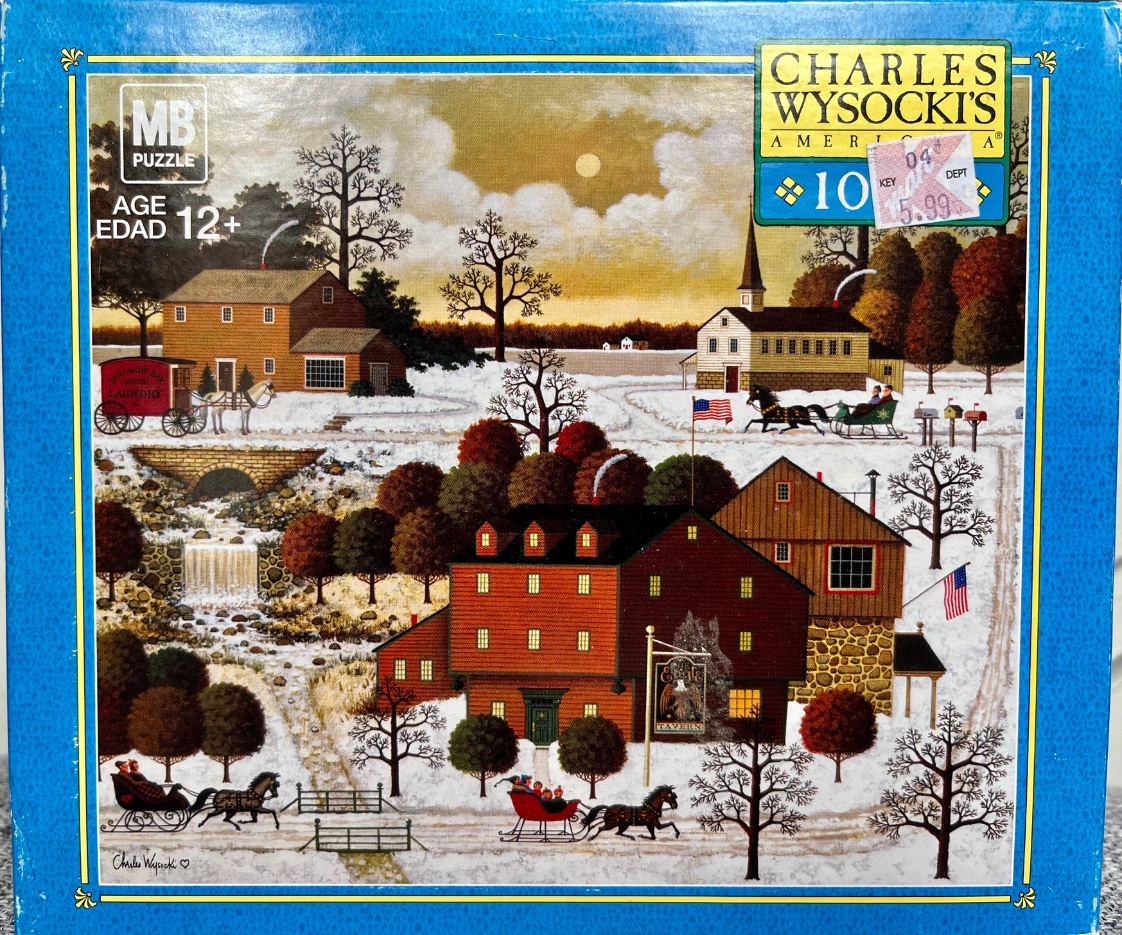 Folk art painting of a winter town scene with a tavern, horse-drawn sleighs, and a snowy landscape.