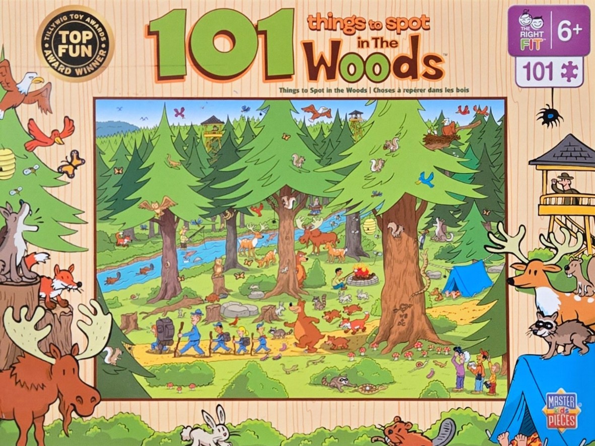 Cartoon illustration of a bustling forest scene filled with diverse wildlife, campers, and trees.