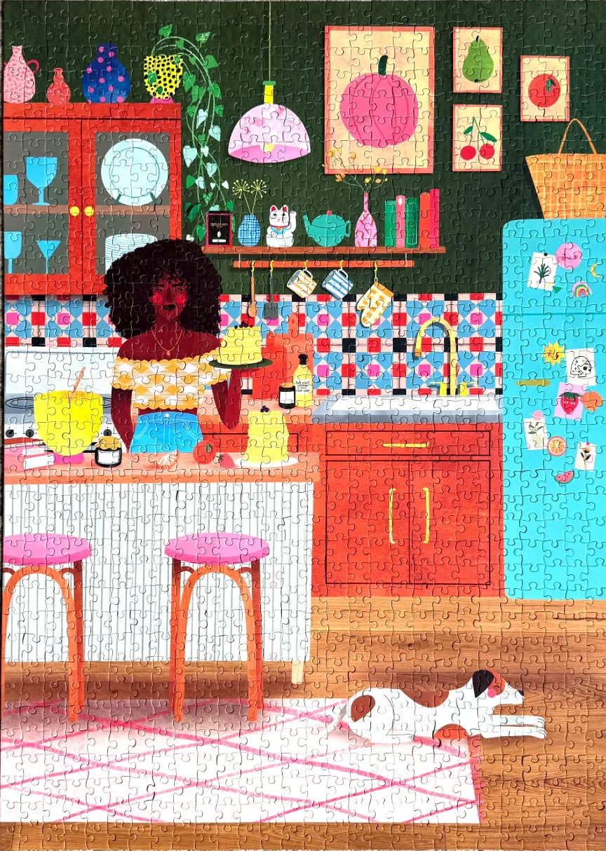 Illustration of a woman baking in a colorful, eclectic kitchen with a dog lying on a patterned rug.