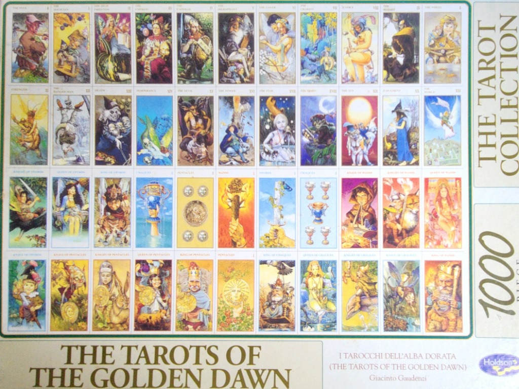 A collection of 78 tarot cards arranged in a grid, featuring diverse mythological, mystical, and fantasy illustrations.