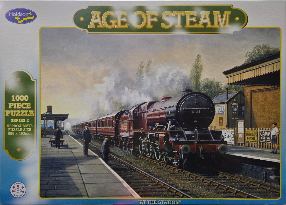 Painting of a maroon steam locomotive idling at a platform with railway staff and vintage advertisements.