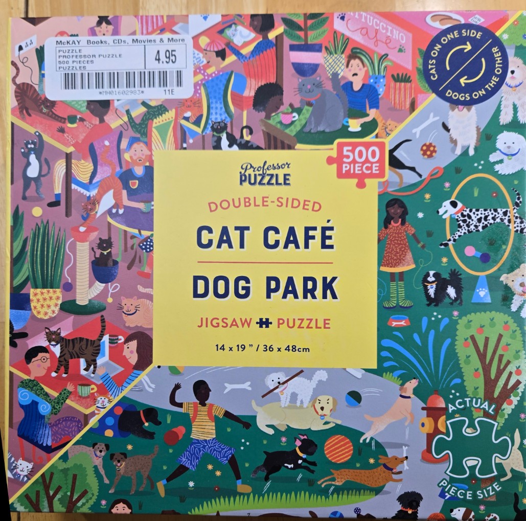 Illustration split between a busy cat café and a lively outdoor dog park.