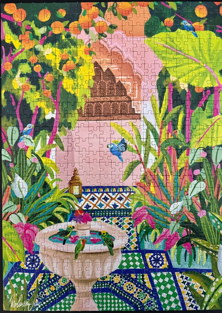 Illustration of a vibrant sunlit garden featuring a tiled fountain, lush tropical plants, and colorful birds.