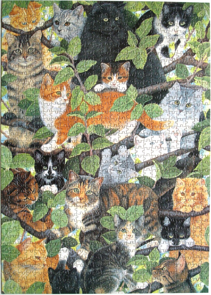 An illustration of many different domestic cats perched among the branches of a leafy green tree.