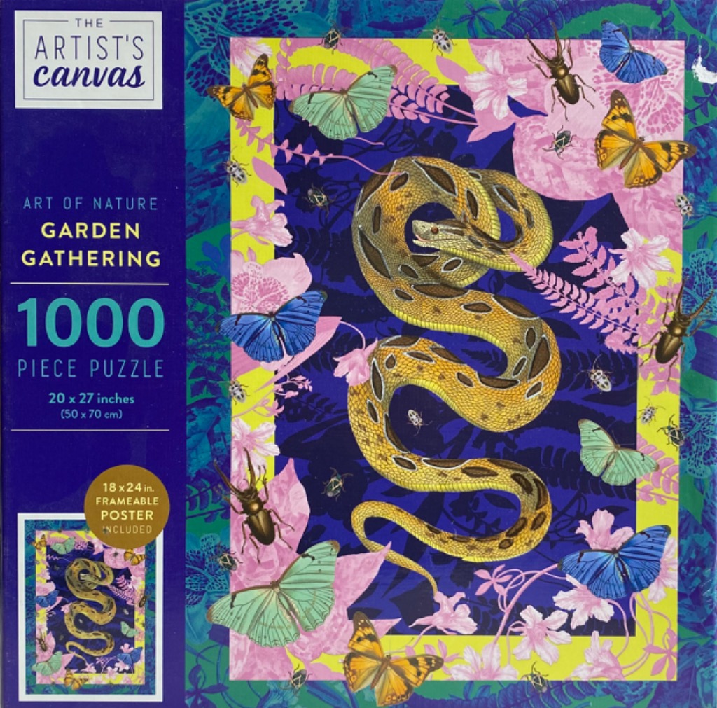 A coiled yellow and brown snake surrounded by vibrant butterflies, beetles, and pink floral patterns on a dark blue backgroun