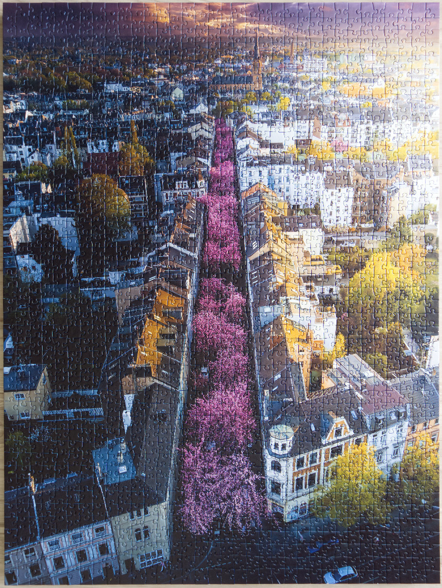 Aerial view of a city street lined with vibrant pink cherry blossom trees at sunset.