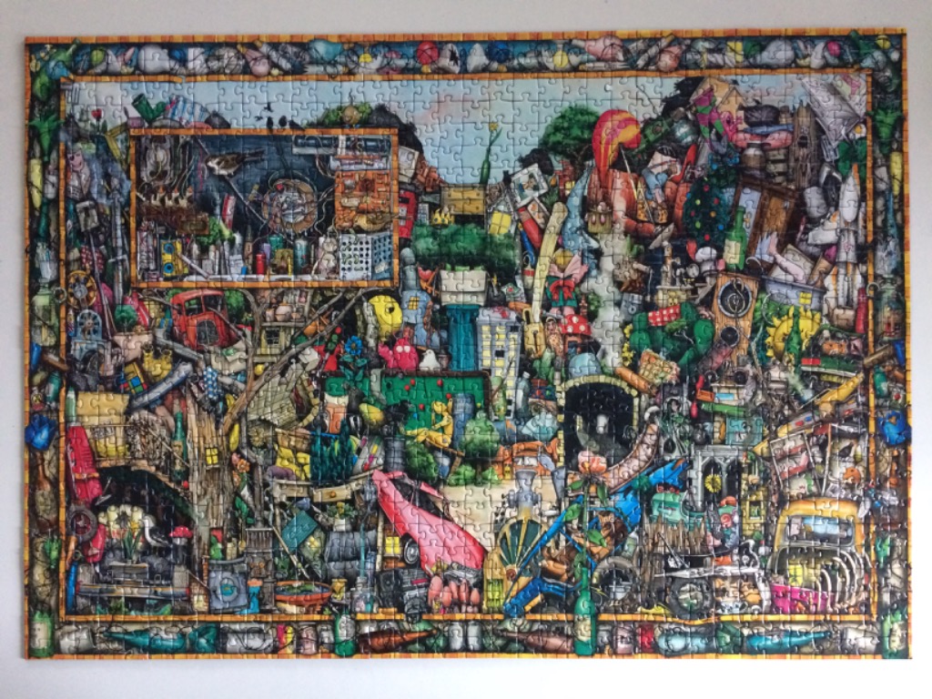 A whimsical and busy illustration featuring a chaotic, cluttered cityscape and interior scenes in a cartoon style.