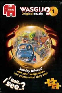 A cartoon illustration of a crystal ball held by hands, showing a vintage car driving through a country village.