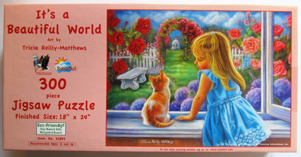 Painting of a young girl and a tabby cat looking out a window at a lush rose garden.