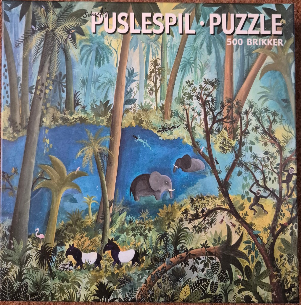 A whimsical jungle illustration featuring elephants, tapirs, and monkeys in a lush, stylized forest with a blue river.